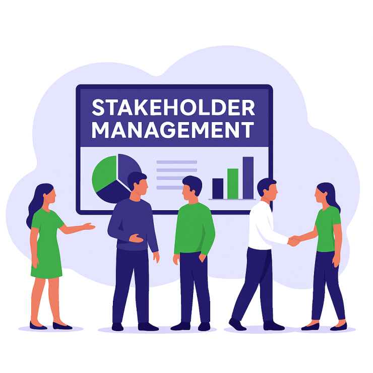 Stakeholdermanagement betekenis, afbeelding mensen die aan stakeholder management doen.